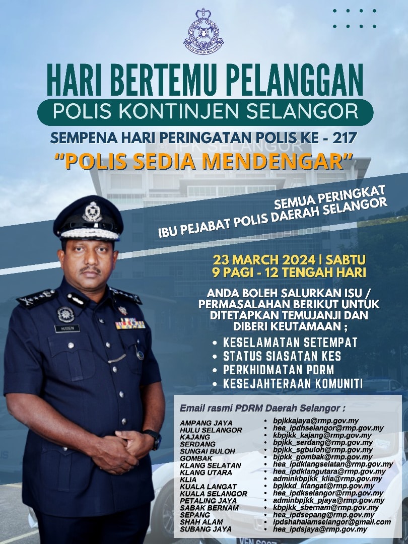 Sertai Hari Bertemu Pelanggan Polis Kontinjen Selangor Sabtu depan