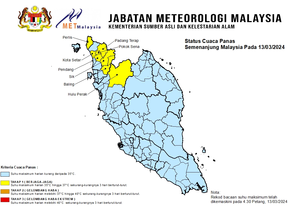 Cuaca panas tahap berjaga-jaga di lapan kawasan utara Semenanjung