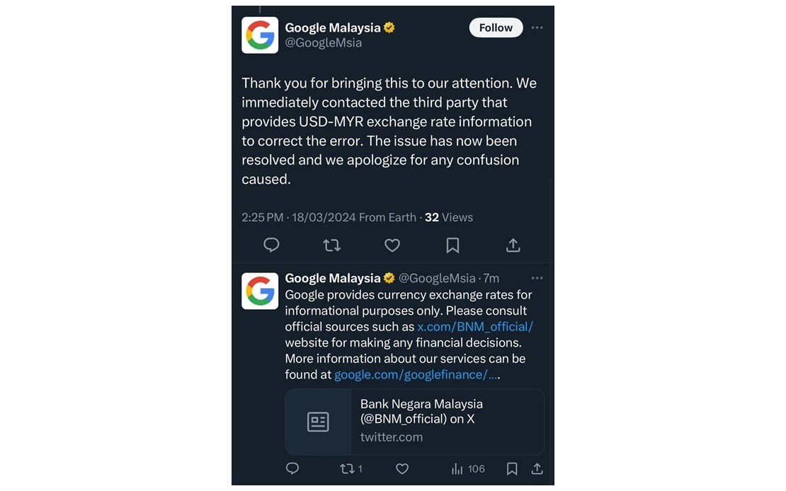 Ringgit: Google Malaysia minta maaf