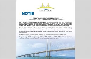 Sebahagian laluan Jambatan Sultan Abdul Halim ditutup mulai Selasa