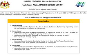 10 daerah di Johor diramal banjir bermula 26 hingga 29 Nov ini