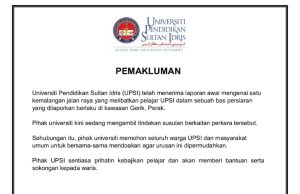 Rakyat Malaysia diminta berdoa untuk penuntut UPSI terlibat nahas