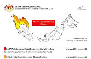 MetMalaysia keluarkan amaran hujan lebat berterusan, tahap bahaya di Kelantan