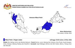 Ribut petir, hujan lebat di Kedah, Perak dan Sarawak malam ini
