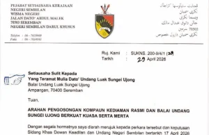 Kediaman rasmi, Balai Undang Luak Sungei Ujong diarah dikosongkan