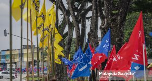 Bendera Pakatan Harapan, Barisan Nasional dan Parti Bersama berkibar sempena Pilihan Raya Negeri Johor ke-16 ketika tinjauan lensa MalaysiaGazette di Taman Desamas, Kulai. Foto SADIQ SANI, 30 JUN 2026.