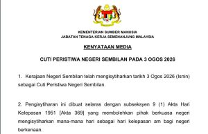 Cuti peristiwa Negeri Sembilan tidak wajib untuk pekerja swasta